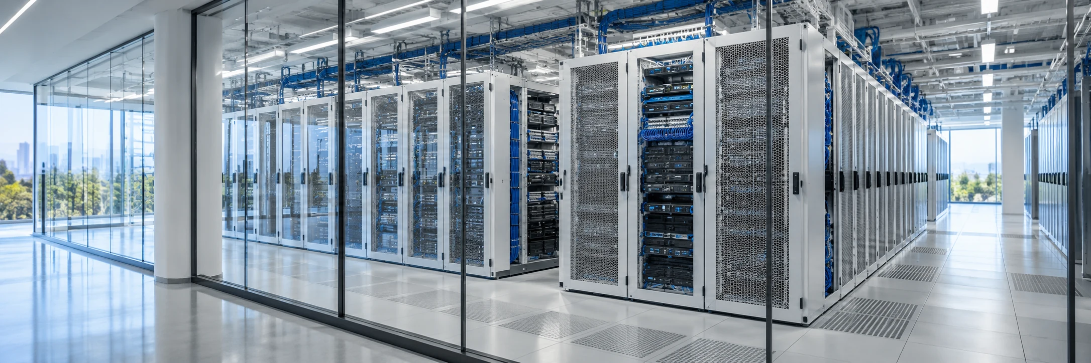 Bright enterprise server infrastructure behind architectural glass